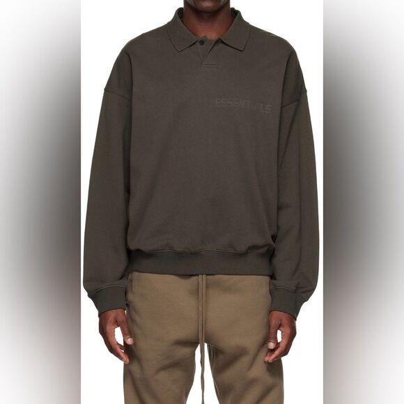 NEW Essentials Fear of God Army Green Long Sleeve Polo Mens Size S - Picture 1 of 5